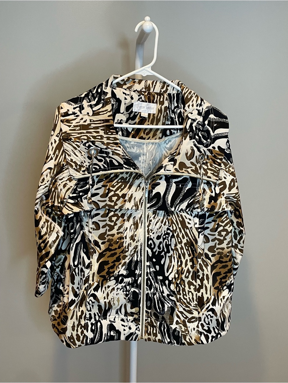 erin london Animal Print Zip-Front Jacket in Black, White, Brown Size Large